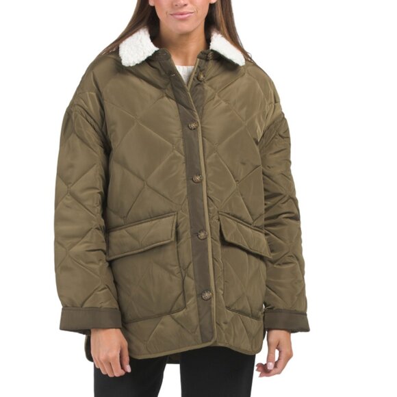 LUCKY BRAND Olive Oversize Quilted Coat With Sherpa Collar
